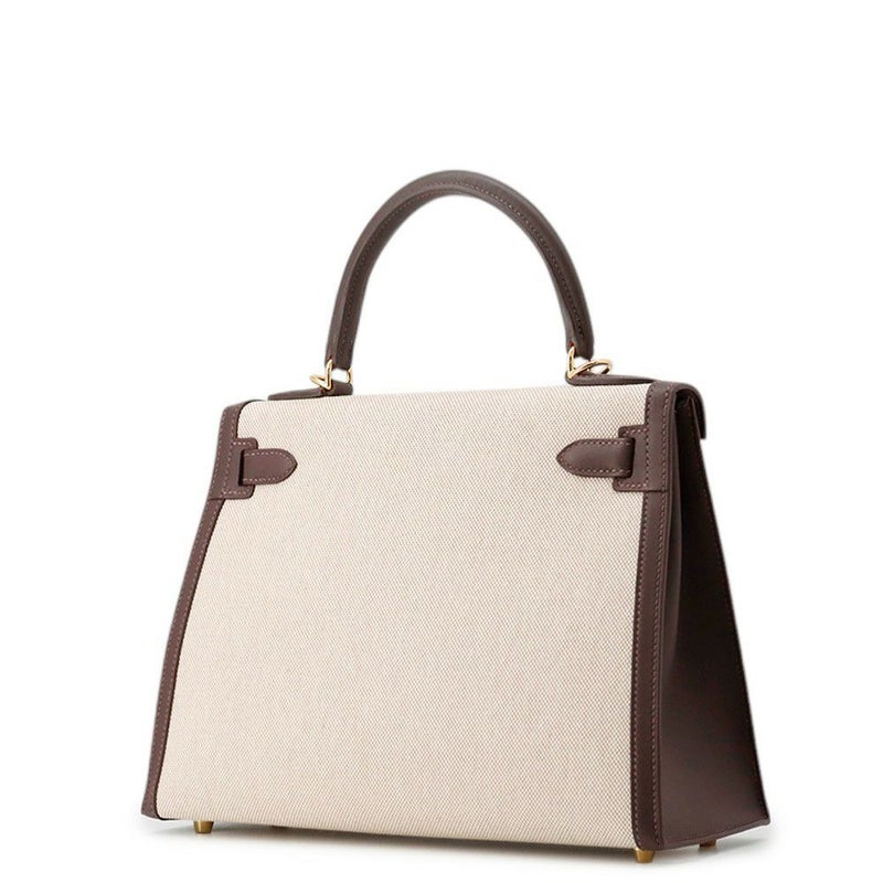 エルメス ハンドバッグ ケリー28 外縫い モカ/エクリュ/ゴールド金具 スイフト/トワルアッシュ K刻印 ２wayショルダー