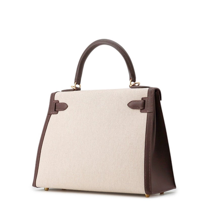 エルメス ハンドバッグ ケリー28 外縫い モカ/エクリュ/ゴールド金具 スイフト/トワルアッシュ K刻印 ２wayショルダー