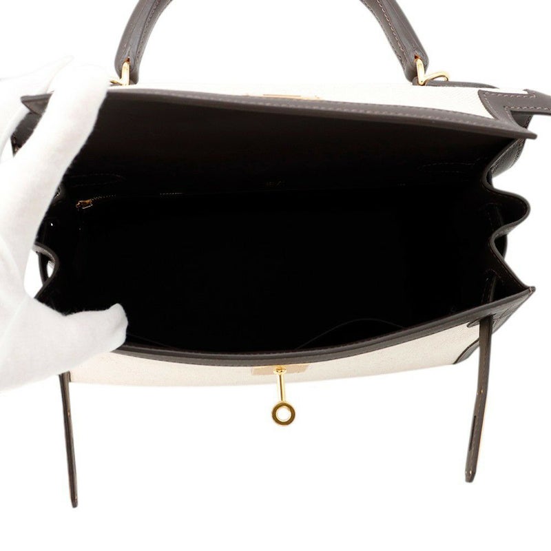 エルメス ハンドバッグ ケリー28 外縫い モカ/エクリュ/ゴールド金具 スイフト/トワルアッシュ K刻印 ２wayショルダー