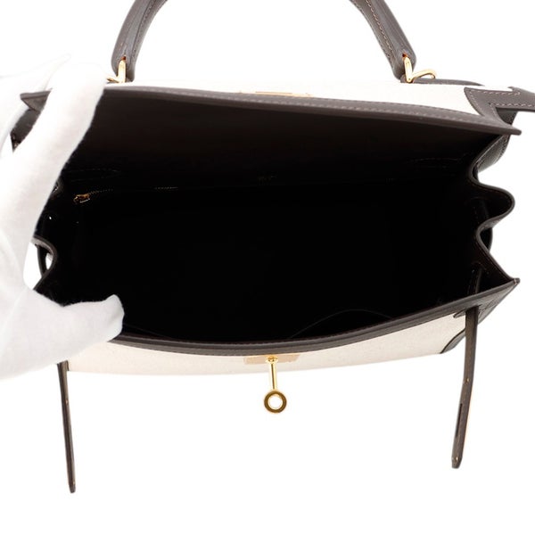 エルメス ハンドバッグ ケリー28 外縫い モカ/エクリュ/ゴールド金具 スイフト/トワルアッシュ K刻印 ２wayショルダー