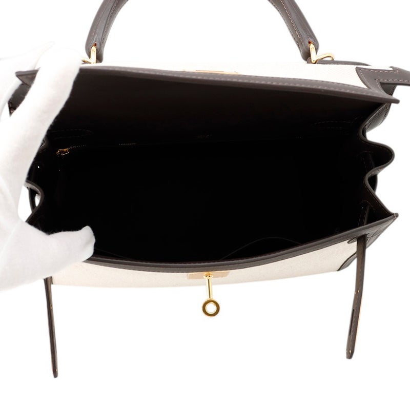 エルメス ハンドバッグ ケリー28 外縫い モカ/エクリュ/ゴールド金具 スイフト/トワルアッシュ K刻印 ２wayショルダー