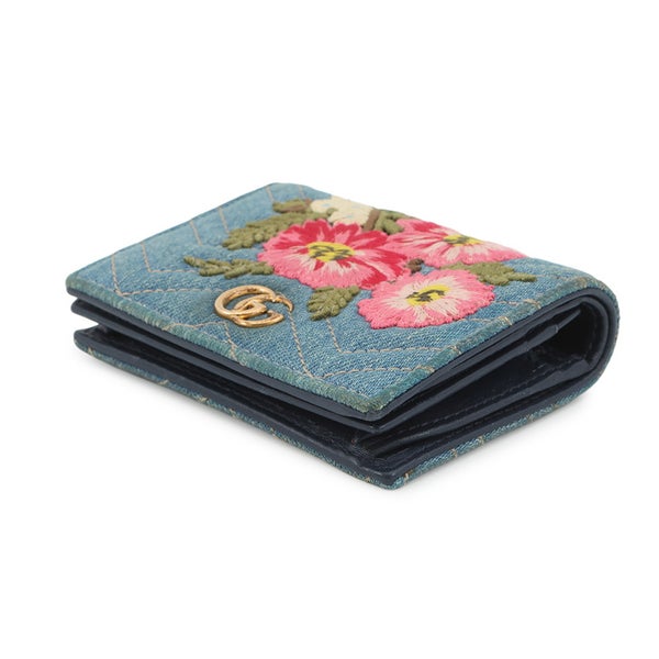 グッチ 二つ折り財布 GGマーモント ダブルG ミニウォレット 466492 GUCCI 財布 シェブロン キルティング カードケース 花 刺