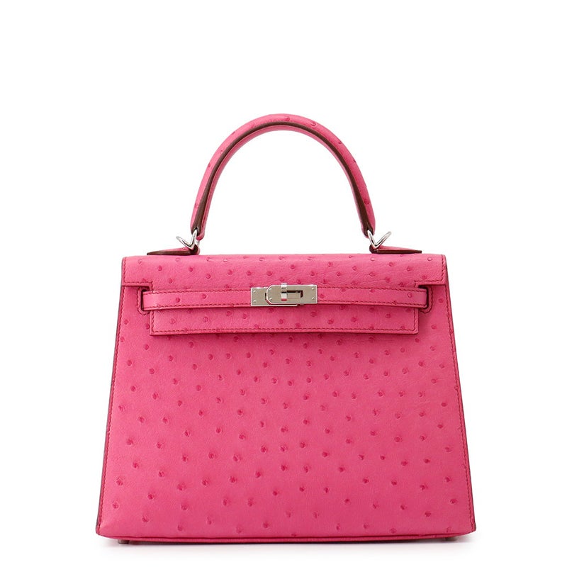 エルメス ハンドバッグ ケリー25 外縫い フューシャピンク/シルバー金具 オーストリッチ Z刻印 ２wayショルダー