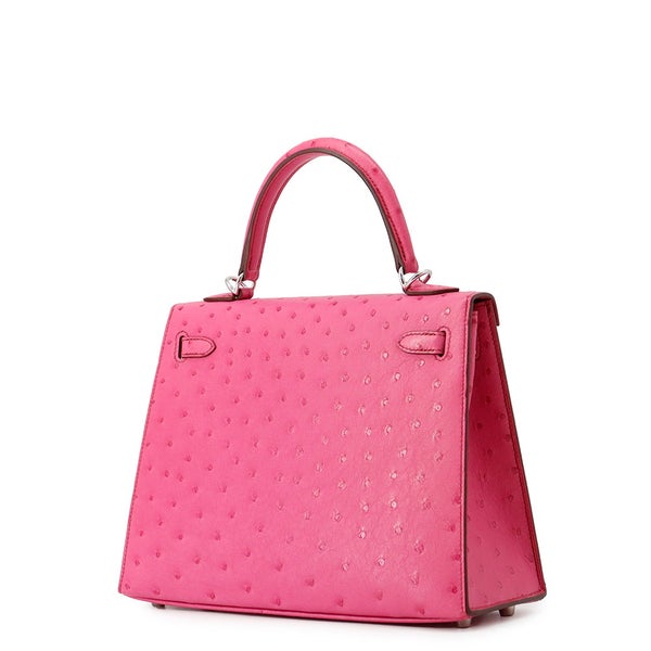 エルメス ハンドバッグ ケリー25 外縫い フューシャピンク/シルバー金具 オーストリッチ Z刻印 ２wayショルダー