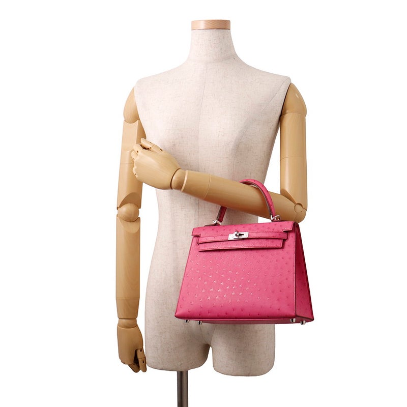 エルメス ハンドバッグ ケリー25 外縫い フューシャピンク/シルバー金具 オーストリッチ Z刻印 ２wayショルダー