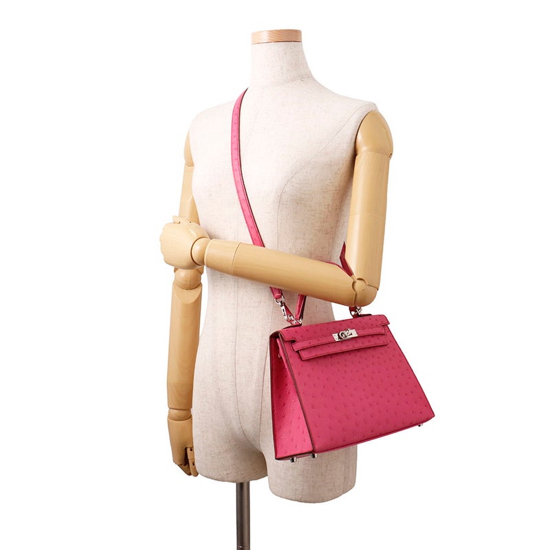 エルメス ハンドバッグ ケリー25 外縫い フューシャピンク/シルバー金具 オーストリッチ Z刻印 ２wayショルダー