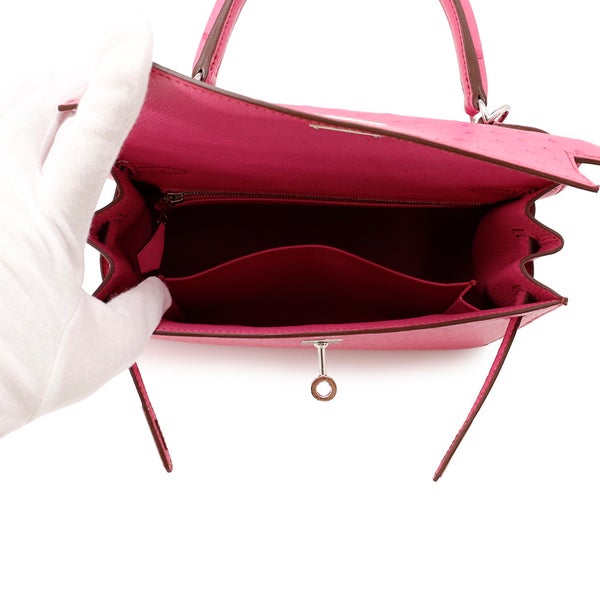 エルメス ハンドバッグ ケリー25 外縫い フューシャピンク/シルバー金具 オーストリッチ Z刻印 ２wayショルダー