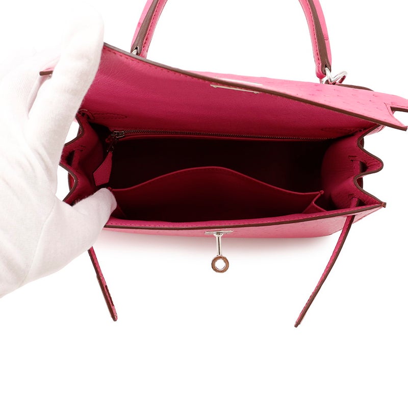 エルメス ハンドバッグ ケリー25 外縫い フューシャピンク/シルバー金具 オーストリッチ Z刻印 ２wayショルダー