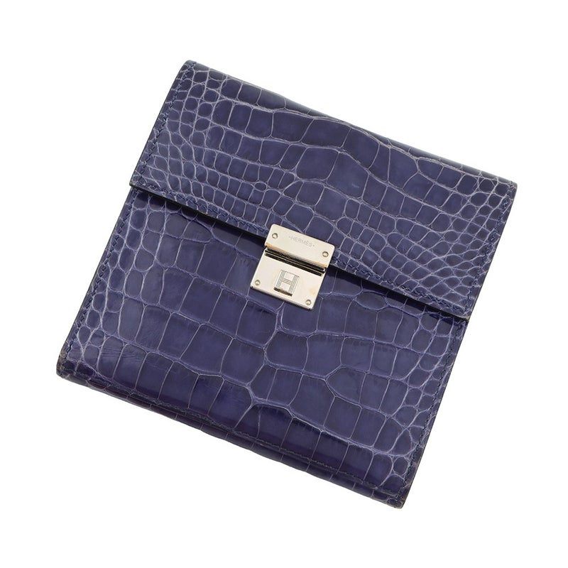 エルメス 三つ折り財布 クリック12 ネイビー/シルバー金具アリゲーターマット Z刻印 財布
