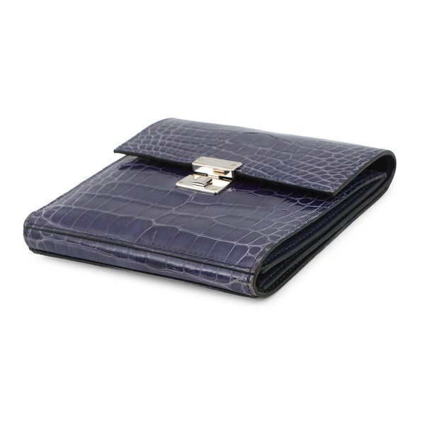 エルメス 三つ折り財布 クリック12 ネイビー/シルバー金具アリゲーターマット Z刻印 財布