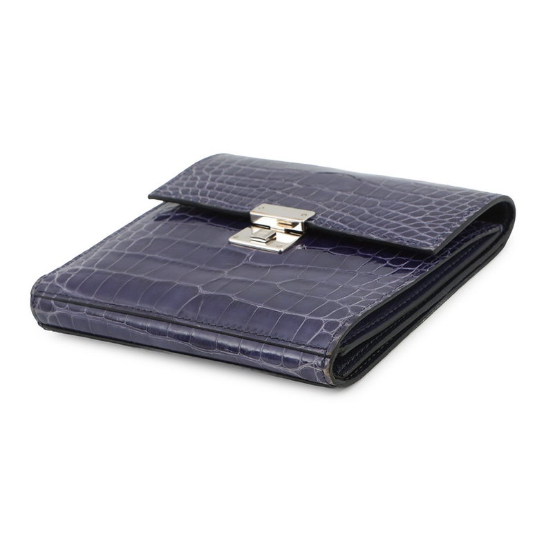 エルメス 三つ折り財布 クリック12 ネイビー/シルバー金具アリゲーターマット Z刻印 財布