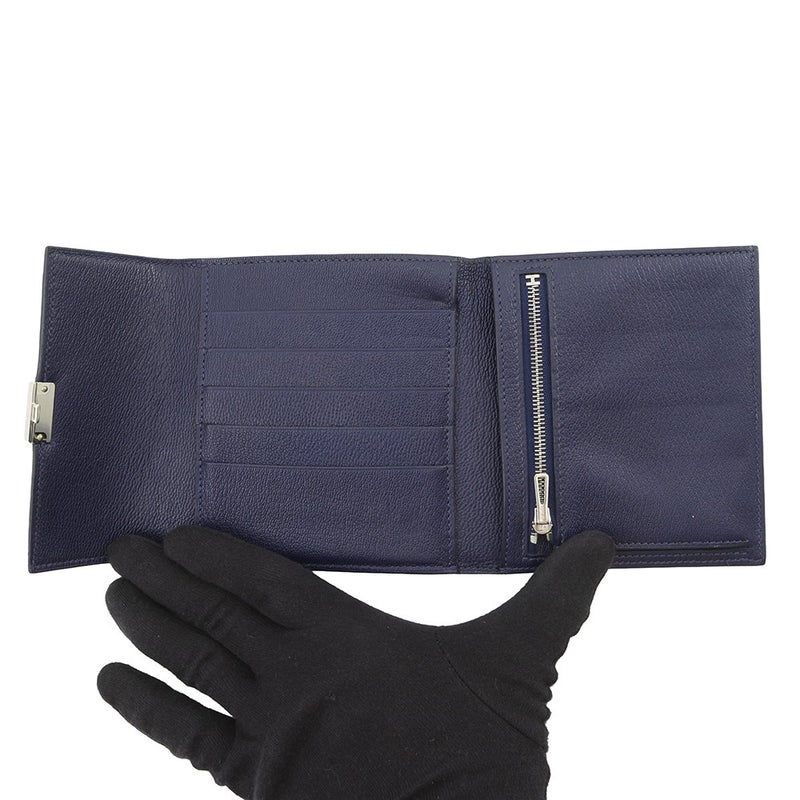 エルメス 三つ折り財布 クリック12 ネイビー/シルバー金具アリゲーターマット Z刻印 財布