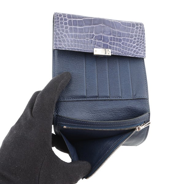 エルメス 三つ折り財布 クリック12 ネイビー/シルバー金具アリゲーターマット Z刻印 財布