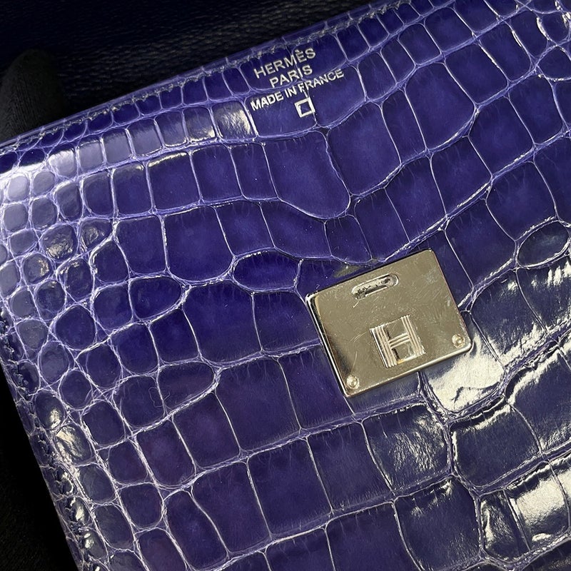 エルメス 三つ折り財布 クリック12 ネイビー/シルバー金具アリゲーターマット Z刻印 財布