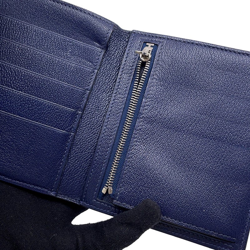 エルメス 三つ折り財布 クリック12 ネイビー/シルバー金具アリゲーターマット Z刻印 財布