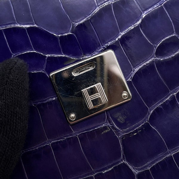 エルメス 三つ折り財布 クリック12 ネイビー/シルバー金具アリゲーターマット Z刻印 財布