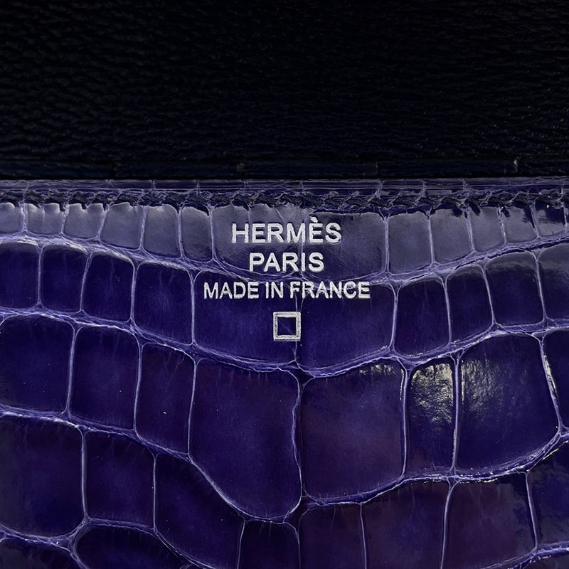 エルメス 三つ折り財布 クリック12 ネイビー/シルバー金具アリゲーターマット Z刻印 財布