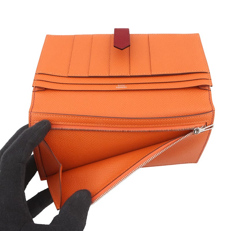 エルメス 長財布 ベアンスフレ ヴェルソ ルビー/オレンジ/シルバー金具 エプソン B刻印 財布