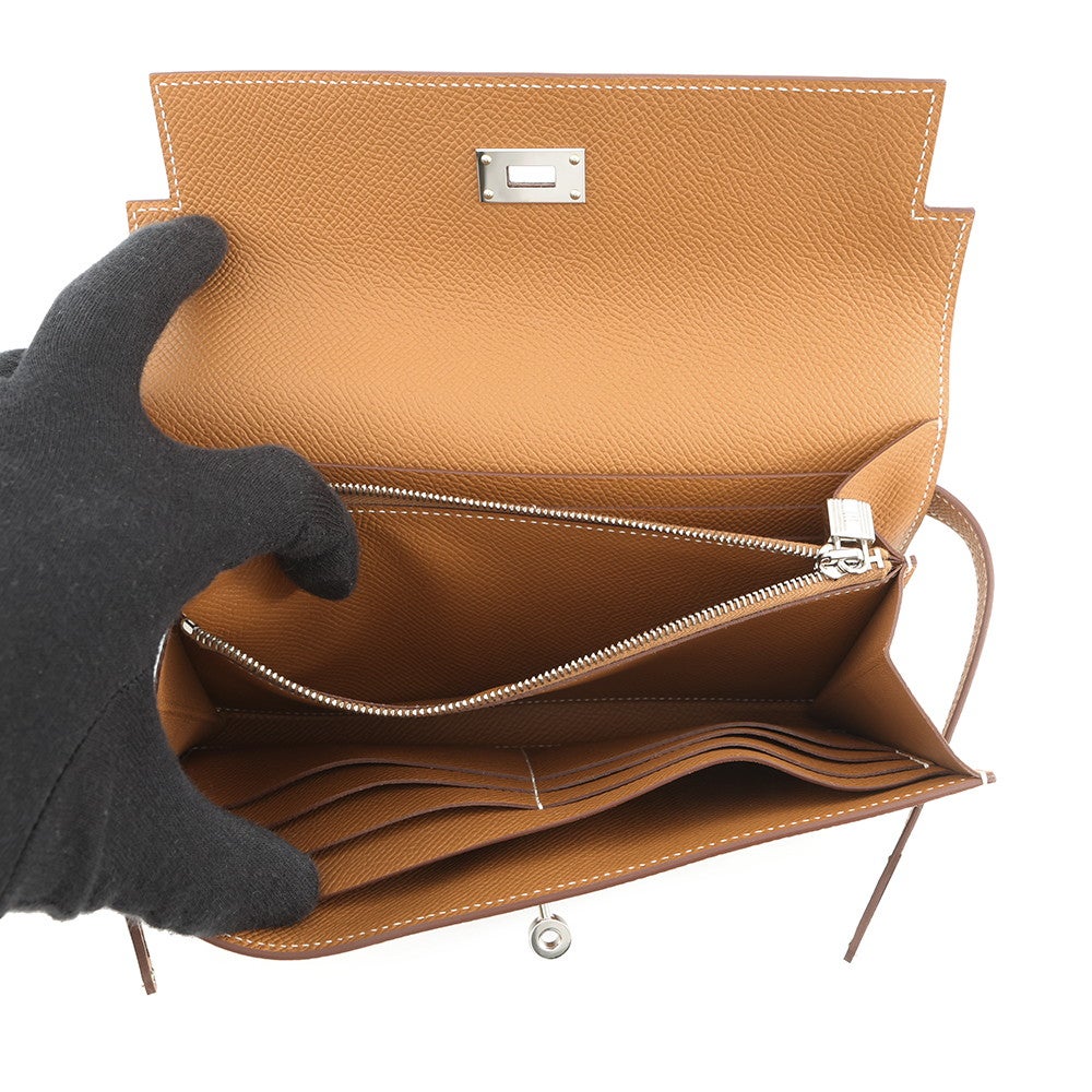 エルメス 長財布 ケリーウォレット ロング ゴールド/シルバー金具 エプソン B刻印 HERMES エルメス 長財布 ケリーウォレット ロング ゴールド/シルバー金具