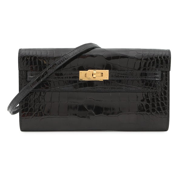エルメス ケリーウォレット ロング トゥーゴー ブラック/ゴールド金具 アリゲーターシャイン B刻印 黒