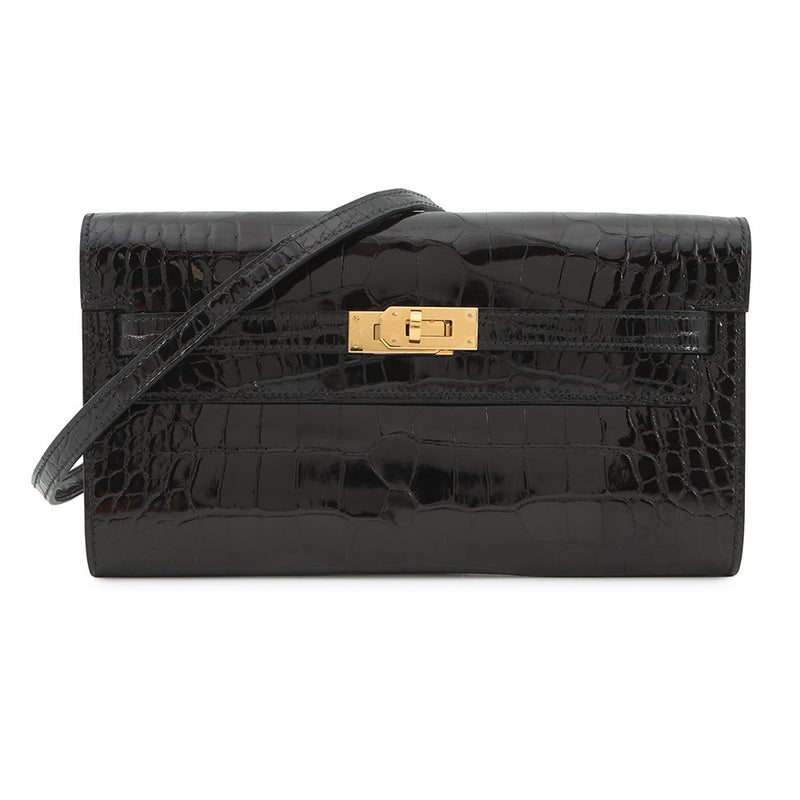 エルメス ケリーウォレット ロング トゥーゴー ブラック/ゴールド金具 アリゲーターシャイン B刻印 黒