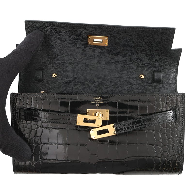 エルメス ケリーウォレット ロング トゥーゴー ブラック/ゴールド金具 アリゲーターシャイン B刻印 黒