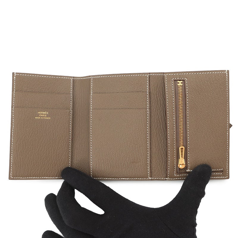 エルメス 三つ折り財布 ベアン コンビネ エトゥープ/ゴールド金具 シェブルミゾル B刻印 財布