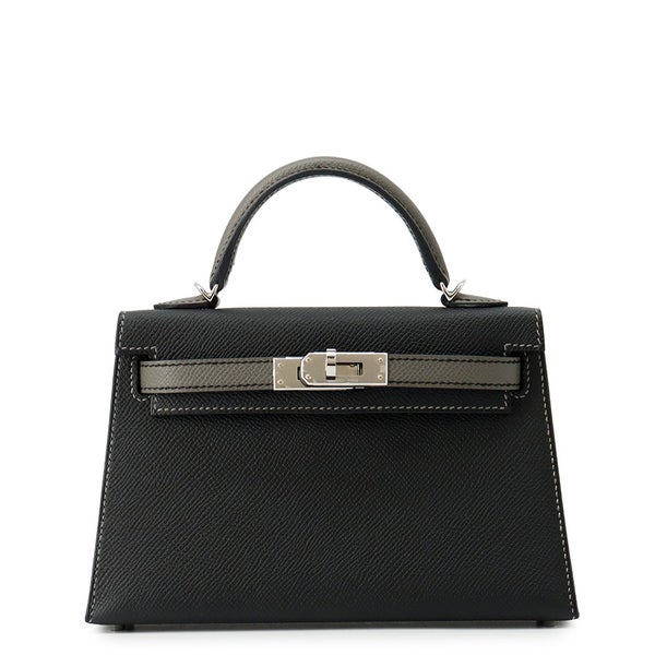 エルメス ハンドバッグ ミニケリー2 外縫い ブラック/グリメイヤー/シルバー金具 エプソン W刻印 ２wayショルダー 黒 SPO