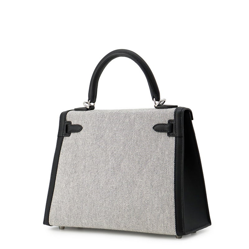 エルメス ハンドバッグ ケリー25 外縫い エクリュ/ブラック/シルバー金具 トワルアッシュ/スイフト K刻印 ２wayショルダー 黒