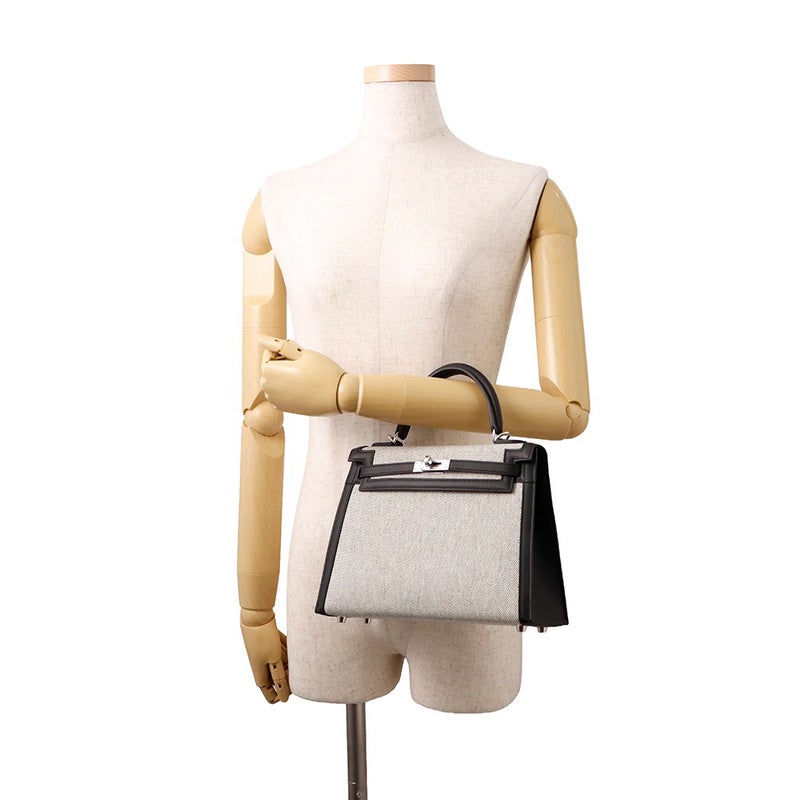 エルメス ハンドバッグ ケリー25 外縫い エクリュ/ブラック/シルバー金具 トワルアッシュ/スイフト K刻印 ２wayショルダー 黒