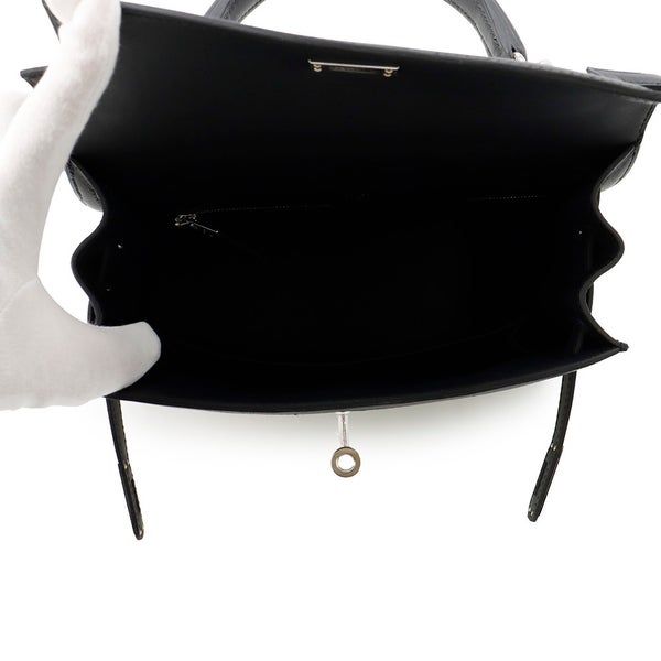エルメス ハンドバッグ ケリー25 外縫い エクリュ/ブラック/シルバー金具 トワルアッシュ/スイフト K刻印 ２wayショルダー 黒