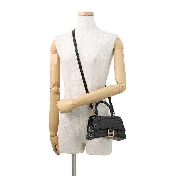 バレンシアガ ハンドバッグ クロコダイル型押しカーフスキン アワーグラス XS 592833 BALENCIAGA 2way 黒