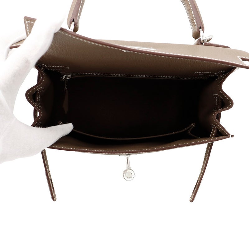 エルメス ハンドバッグ ケリー25 外縫い エトゥープ/シルバー金具 エプソン G刻印 ２wayショルダー