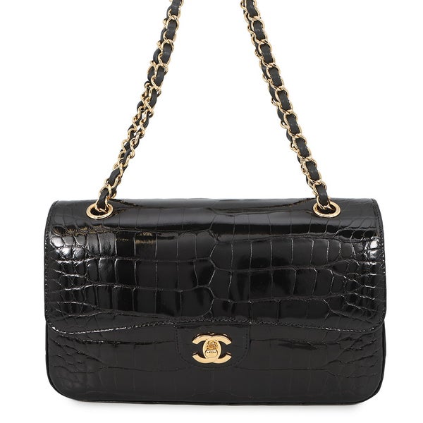 シャネル チェーンショルダーバッグ ココマーク ダブルチェーン クロコダイル CHANEL 黒