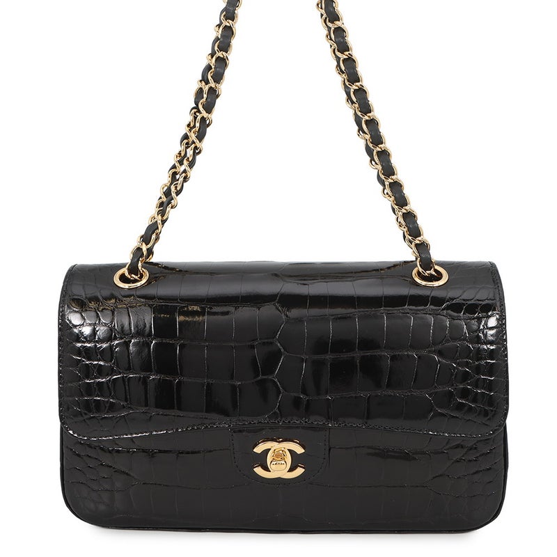 シャネル チェーンショルダーバッグ ココマーク ダブルチェーン クロコダイル CHANEL 黒