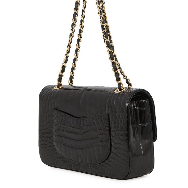 シャネル チェーンショルダーバッグ ココマーク ダブルチェーン クロコダイル CHANEL 黒