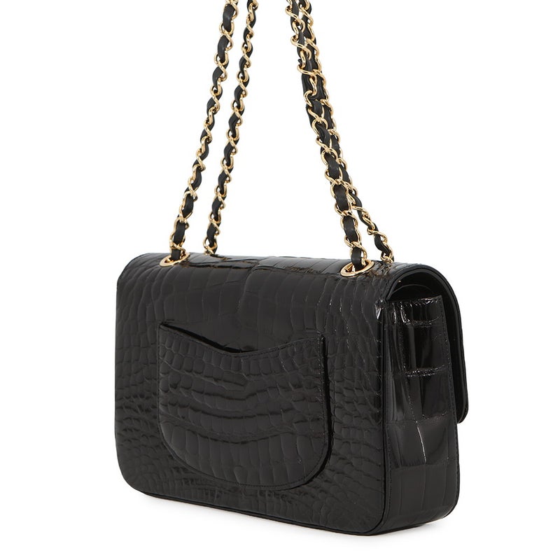 シャネル チェーンショルダーバッグ ココマーク ダブルチェーン クロコダイル CHANEL 黒