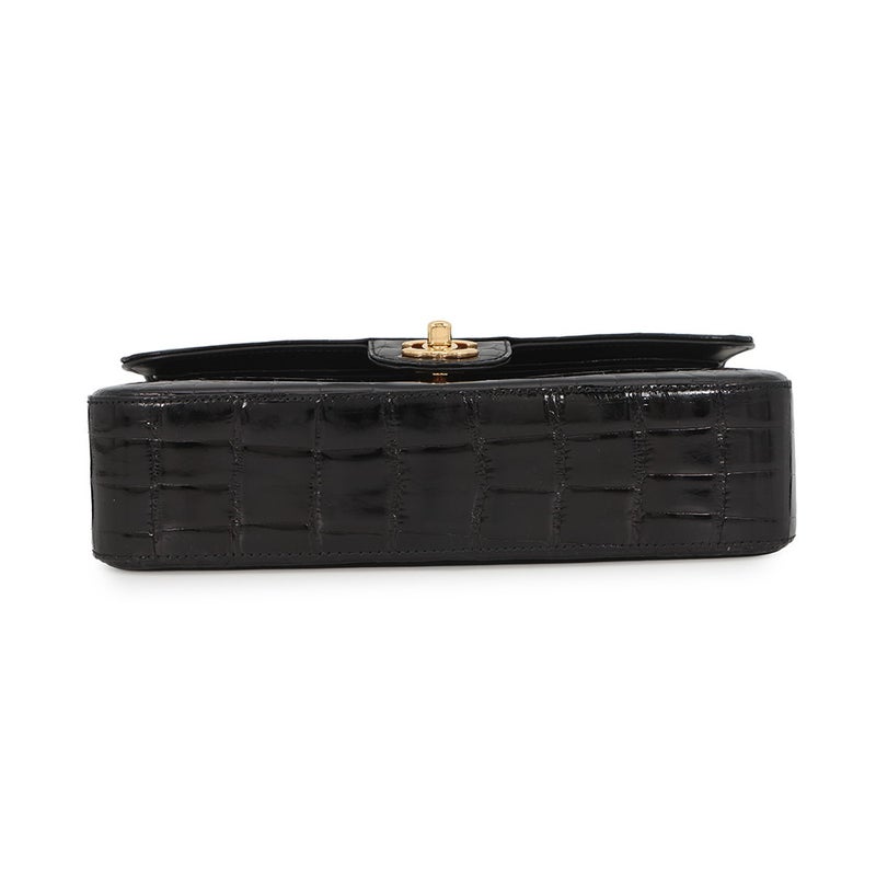 シャネル チェーンショルダーバッグ ココマーク ダブルチェーン クロコダイル CHANEL 黒