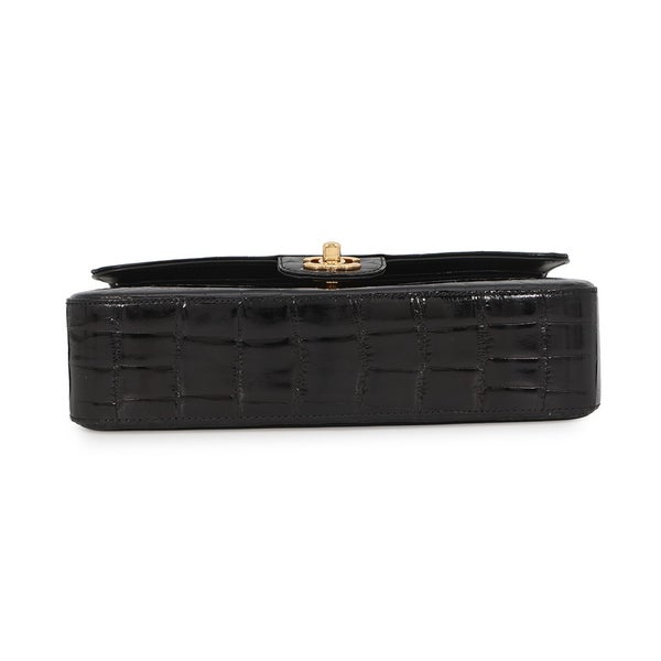 シャネル チェーンショルダーバッグ ココマーク ダブルチェーン クロコダイル CHANEL 黒