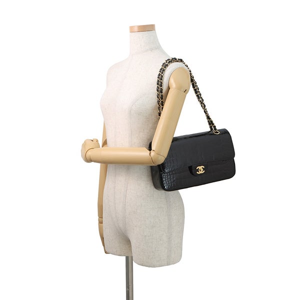 シャネル チェーンショルダーバッグ ココマーク ダブルチェーン クロコダイル CHANEL 黒