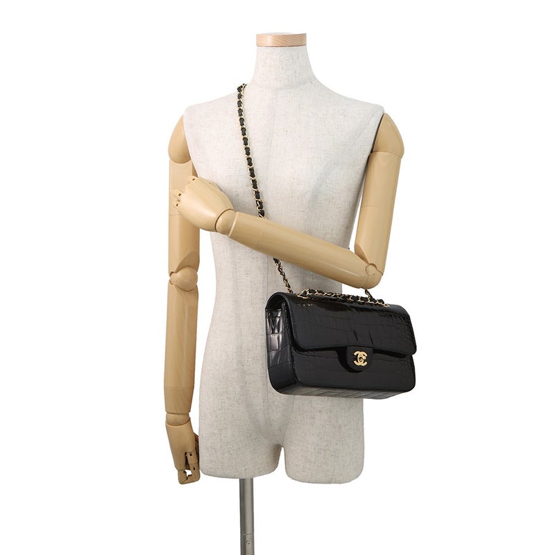 シャネル チェーンショルダーバッグ ココマーク ダブルチェーン クロコダイル CHANEL 黒