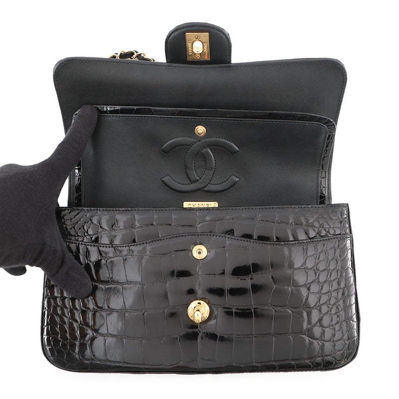 シャネル チェーンショルダーバッグ ココマーク ダブルチェーン クロコダイル CHANEL 黒
