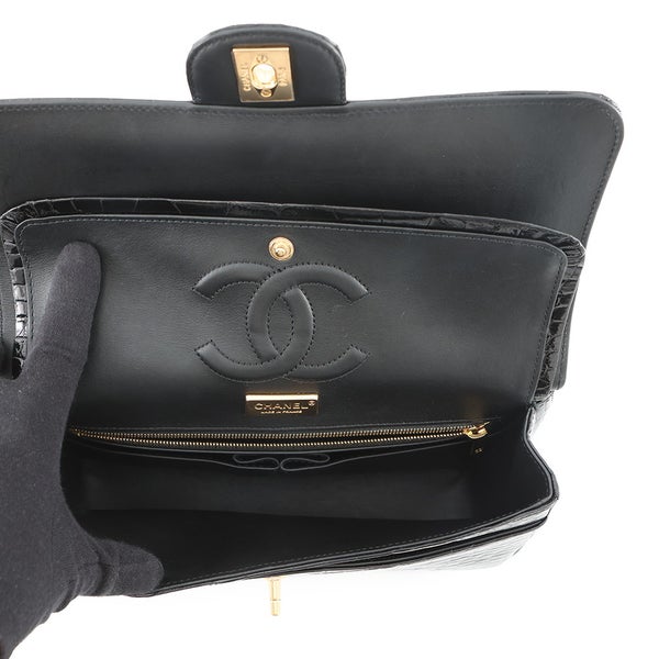 シャネル チェーンショルダーバッグ ココマーク ダブルチェーン クロコダイル CHANEL 黒