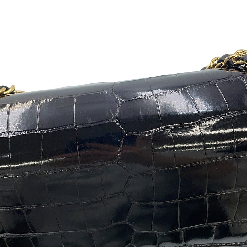 シャネル チェーンショルダーバッグ ココマーク ダブルチェーン クロコダイル CHANEL 黒