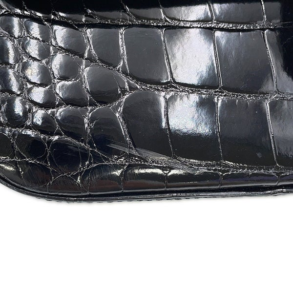 シャネル チェーンショルダーバッグ ココマーク ダブルチェーン クロコダイル CHANEL 黒