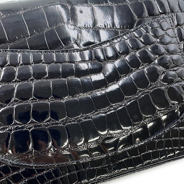 シャネル チェーンショルダーバッグ ココマーク ダブルチェーン クロコダイル CHANEL 黒