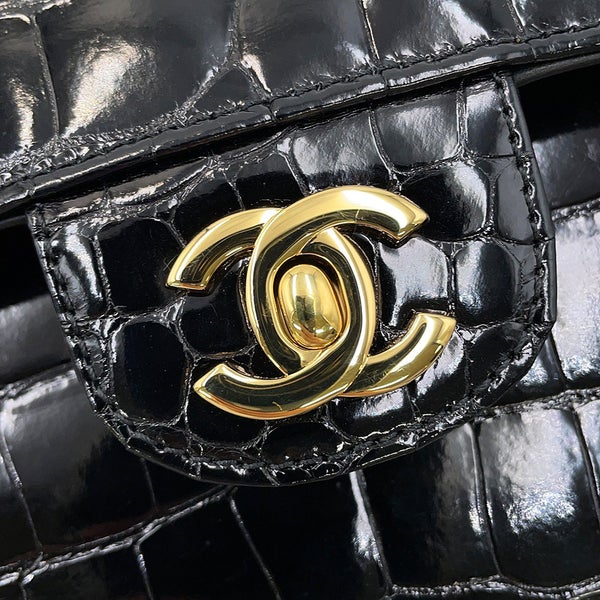 シャネル チェーンショルダーバッグ ココマーク ダブルチェーン クロコダイル CHANEL 黒