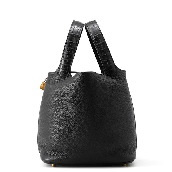 エルメス ハンドバッグ ピコタンロックMM ブラック/ゴールド金具 トリヨンクレマンス/アリゲーターマット Y刻印 黒