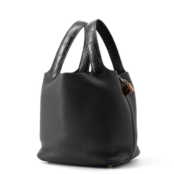 エルメス ハンドバッグ ピコタンロックMM ブラック/ゴールド金具 トリヨンクレマンス/アリゲーターマット Y刻印 黒