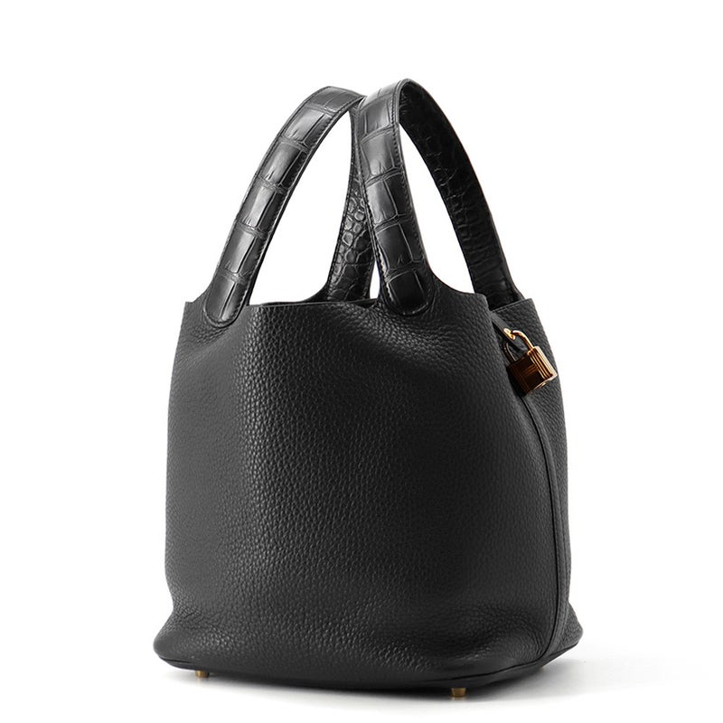 エルメス ハンドバッグ ピコタンロックMM ブラック/ゴールド金具 トリヨンクレマンス/アリゲーターマット Y刻印 黒